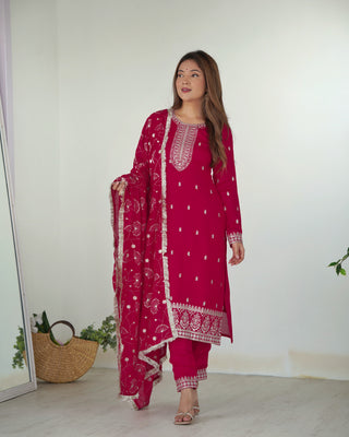 Pink Elegant Pure Blooming Vichitra Silk Kurta with Dupatta Set & Trousers – Ready to Wear