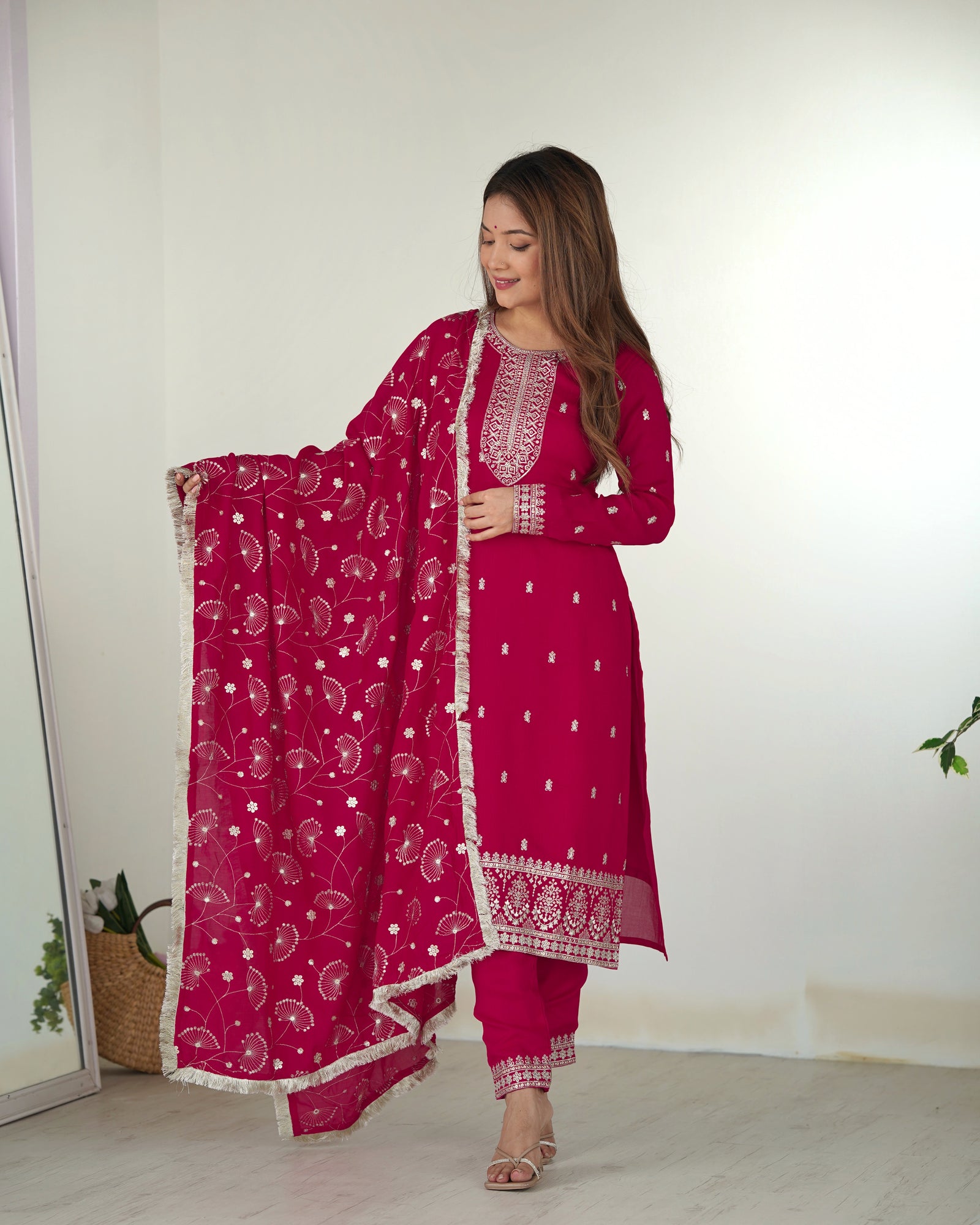 Pink Elegant Pure Blooming Vichitra Silk Kurta with Dupatta Set & Trousers – Ready to Wear