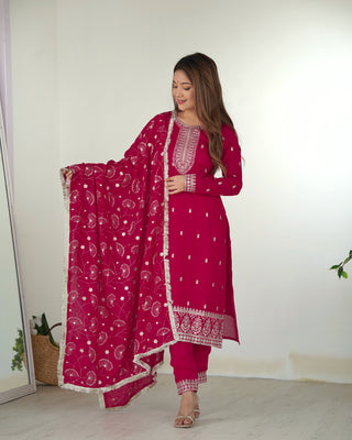 Pink Elegant Pure Blooming Vichitra Silk Kurta with Dupatta Set & Trousers – Ready to Wear