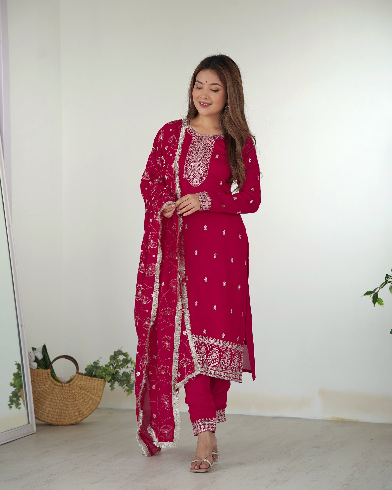 Pink Elegant Pure Blooming Vichitra Silk Kurta with Dupatta Set & Trousers – Ready to Wear