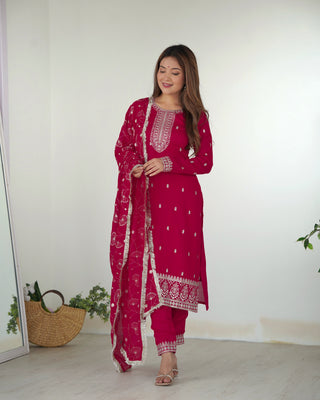 Pink Elegant Pure Blooming Vichitra Silk Kurta with Dupatta Set & Trousers – Ready to Wear