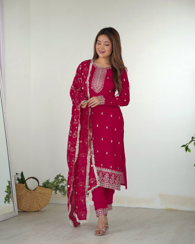 Pink Elegant Pure Blooming Vichitra Silk Kurta with Dupatta Set & Trousers – Ready to Wear