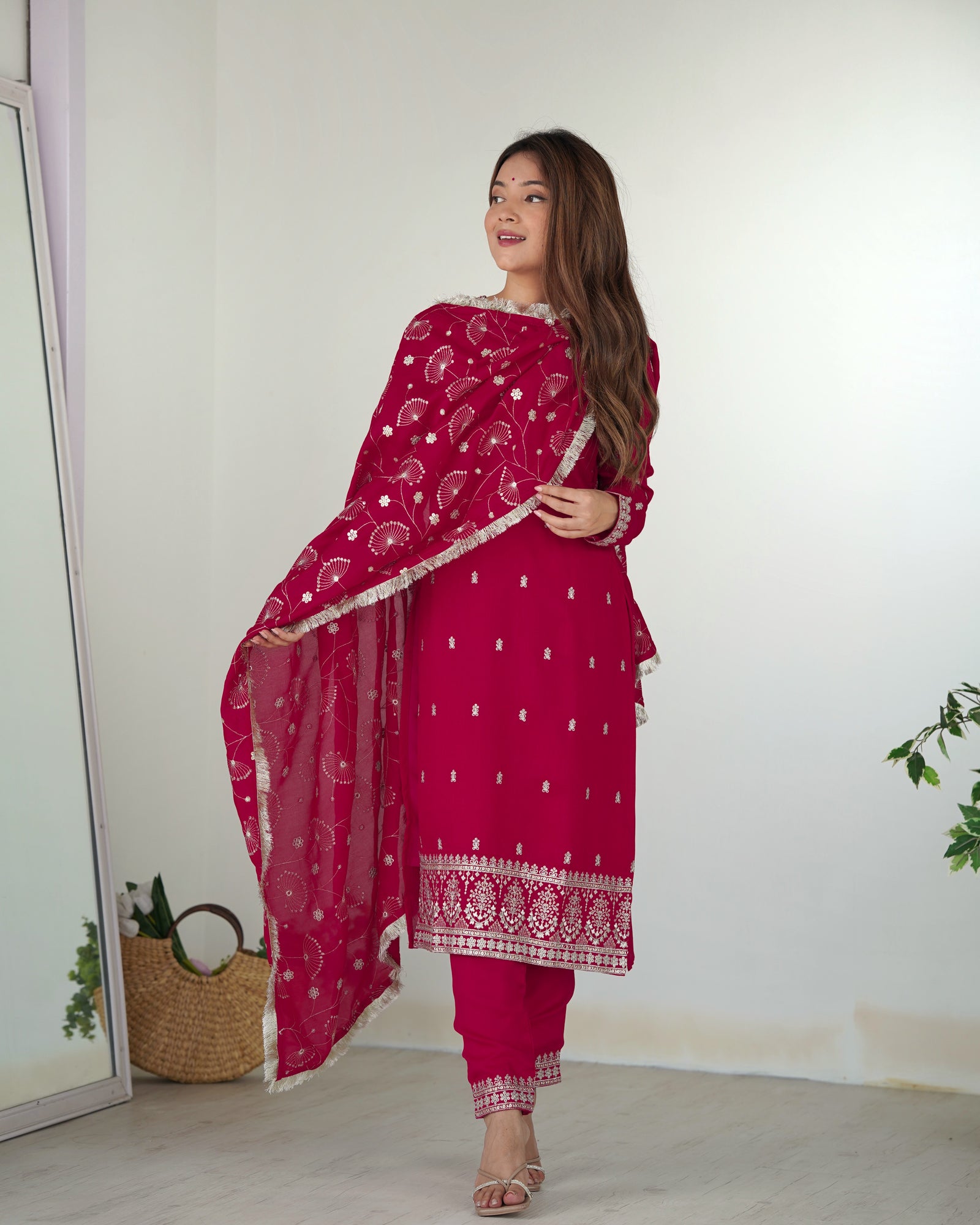 Pink Elegant Pure Blooming Vichitra Silk Kurta with Dupatta Set & Trousers – Ready to Wear