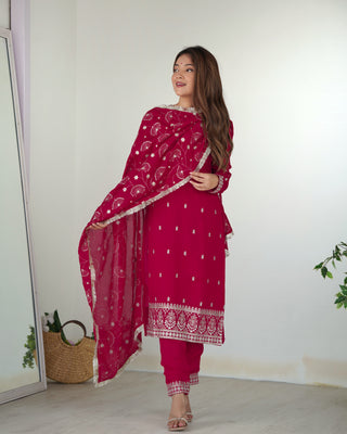 Pink Elegant Pure Blooming Vichitra Silk Kurta with Dupatta Set & Trousers – Ready to Wear