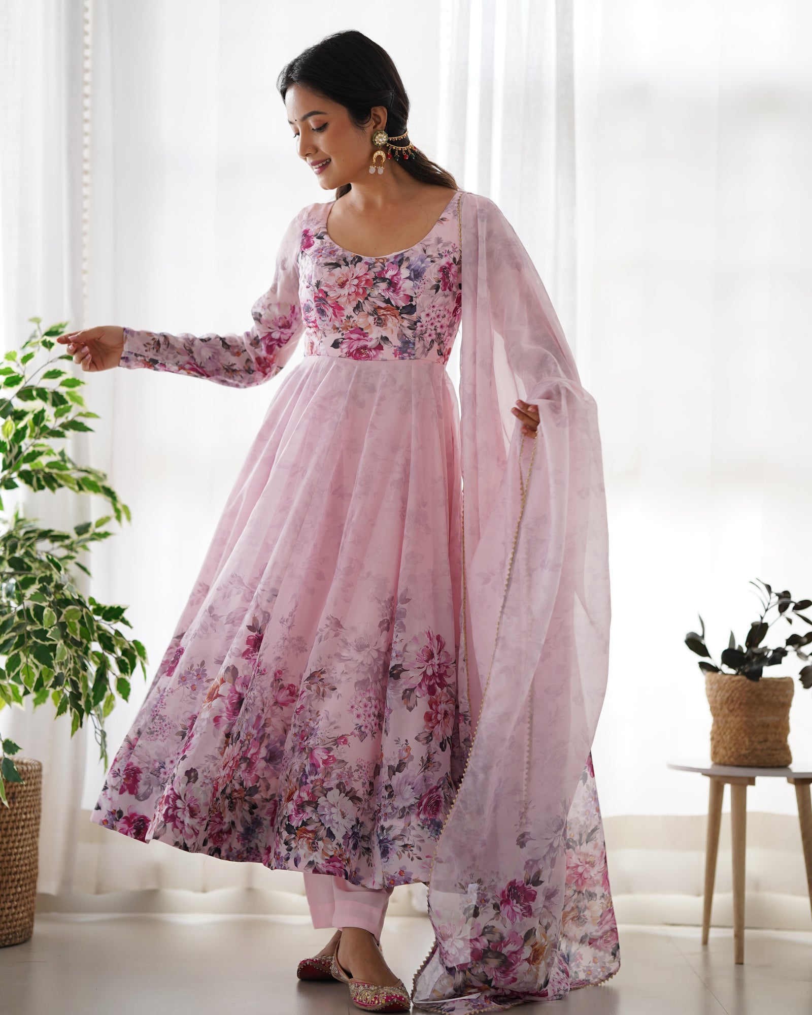 Pink Elegant Pure Organza Silk Anarkali Set with Dupatta – Festive & Wedding Wear