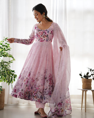 Pink Elegant Pure Organza Silk Anarkali Set with Dupatta – Festive & Wedding Wear