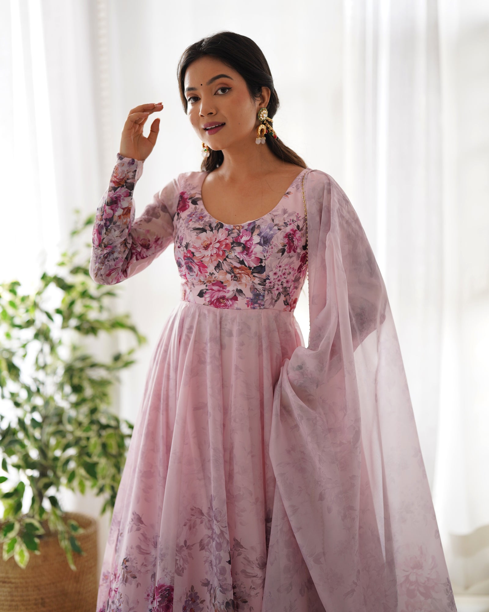 Pink Elegant Pure Organza Silk Anarkali Set with Dupatta – Festive & Wedding Wear