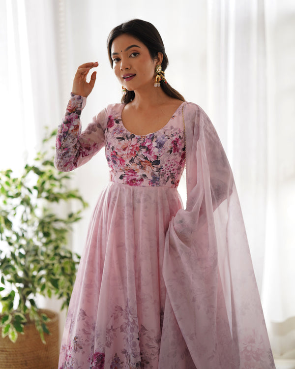 Pink Elegant Pure Organza Silk Anarkali Set with Dupatta – Festive & Wedding Wear