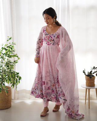 Pink Elegant Pure Organza Silk Anarkali Set with Dupatta – Festive & Wedding Wear
