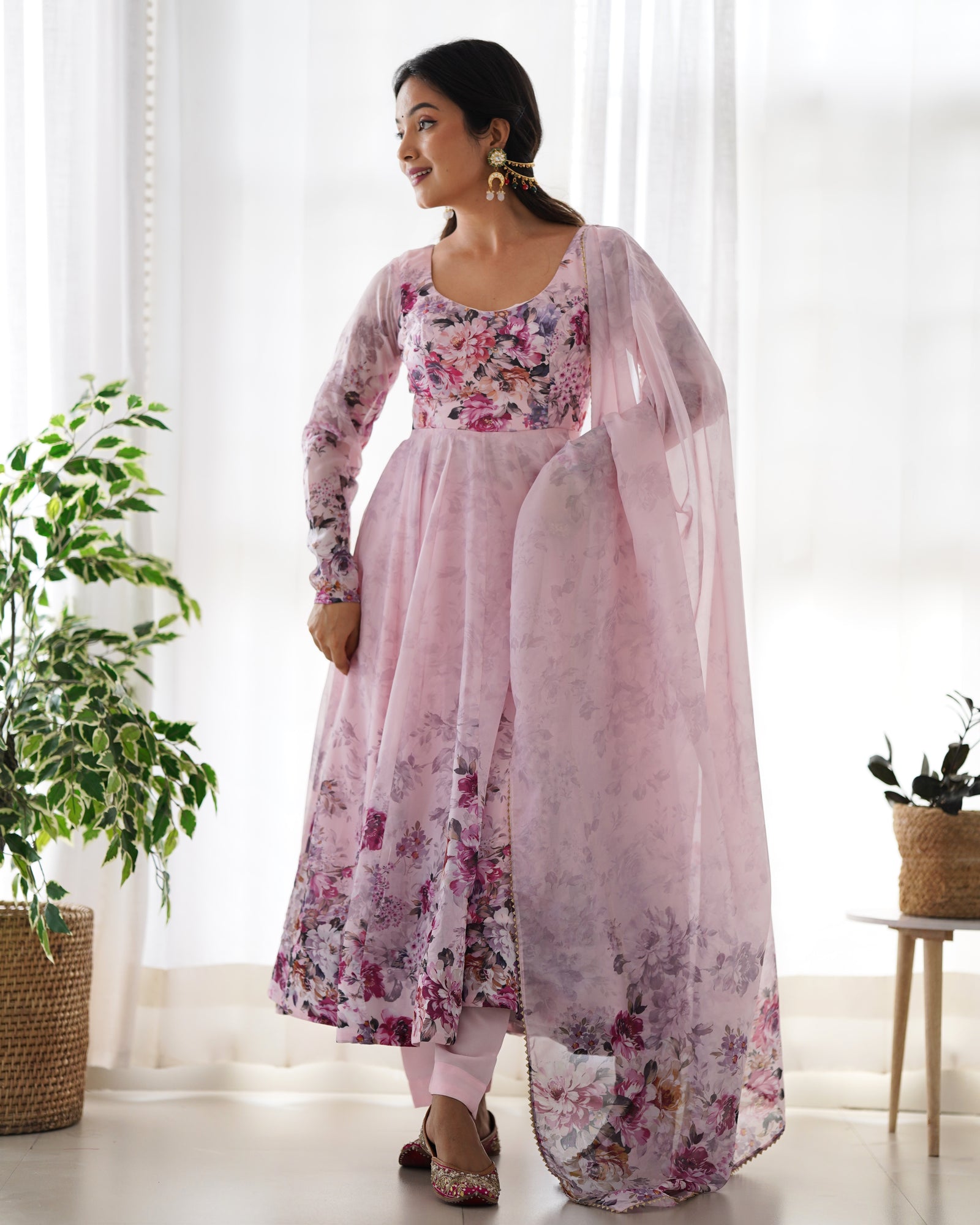 Pink Elegant Pure Organza Silk Anarkali Set with Dupatta – Festive & Wedding Wear