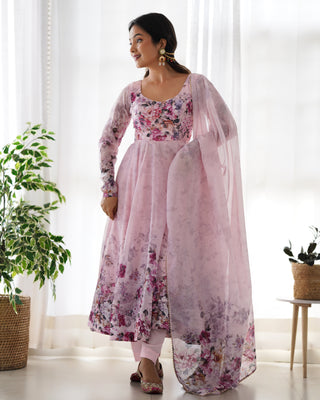 Pink Elegant Pure Organza Silk Anarkali Set with Dupatta – Festive & Wedding Wear