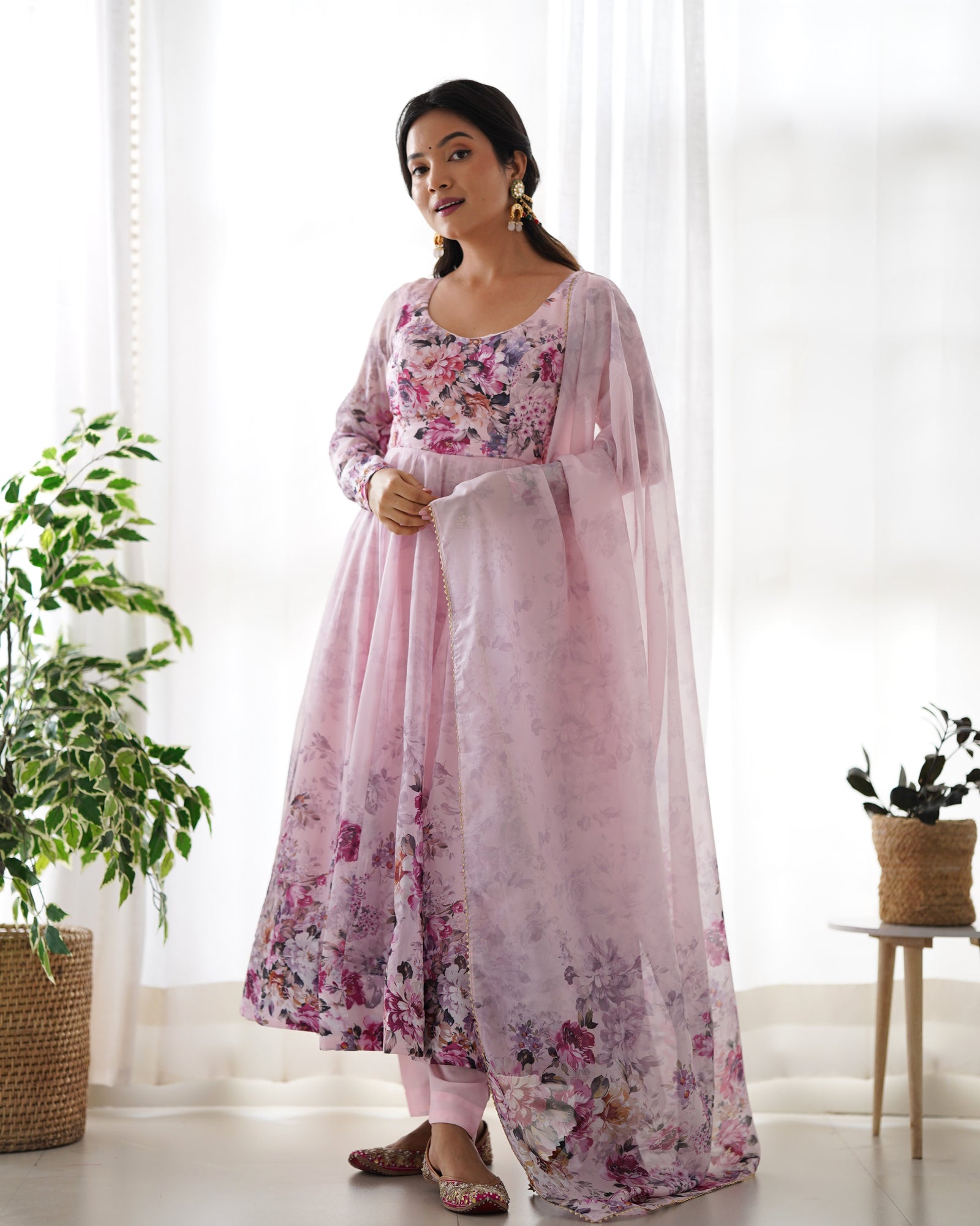 Pink Elegant Pure Organza Silk Anarkali Set with Dupatta – Festive & Wedding Wear