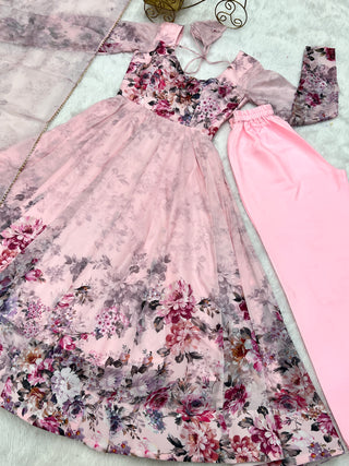 Pink Elegant Pure Organza Silk Anarkali Set with Dupatta – Festive & Wedding Wear