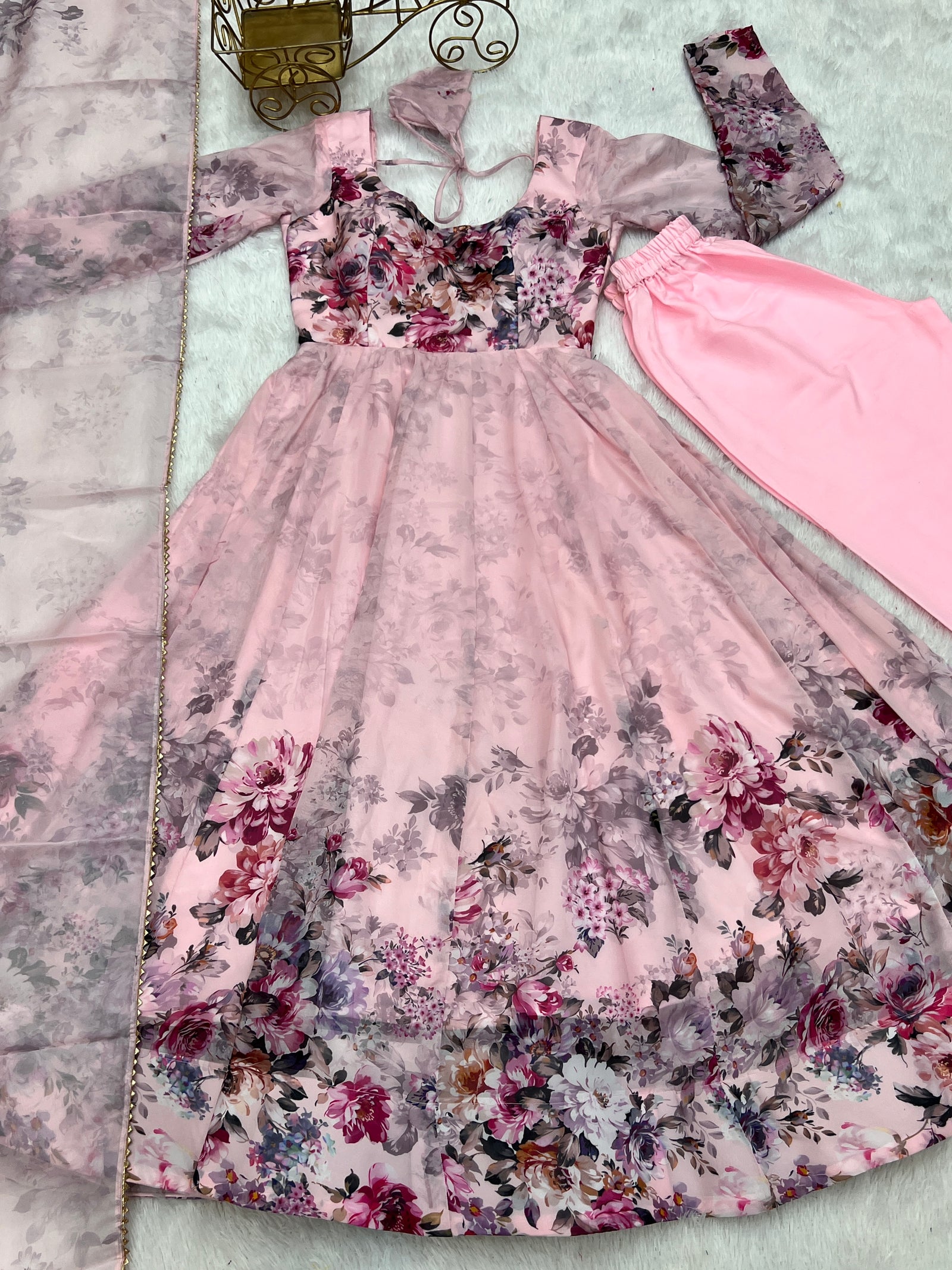 Pink Elegant Pure Organza Silk Anarkali Set with Dupatta – Festive & Wedding Wear