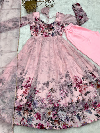 Pink Elegant Pure Organza Silk Anarkali Set with Dupatta – Festive & Wedding Wear
