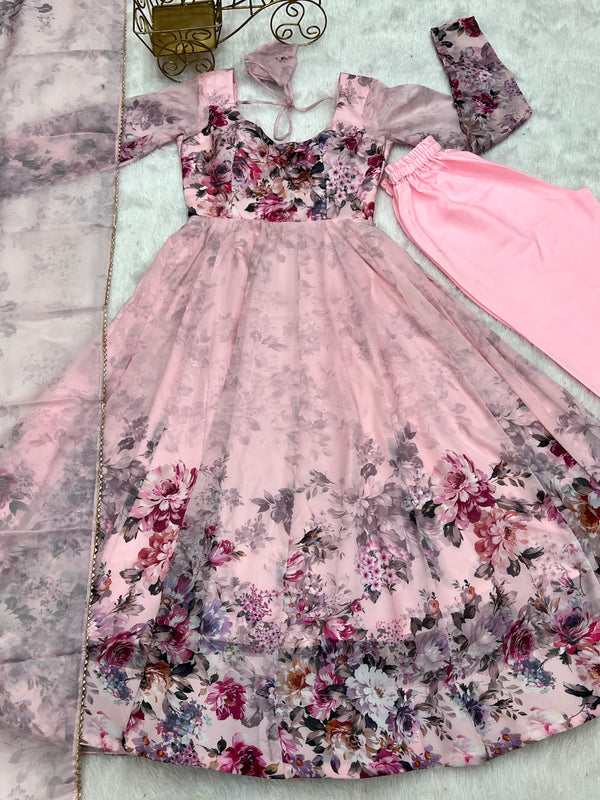Pink Elegant Pure Organza Silk Anarkali Set with Dupatta – Festive & Wedding Wear