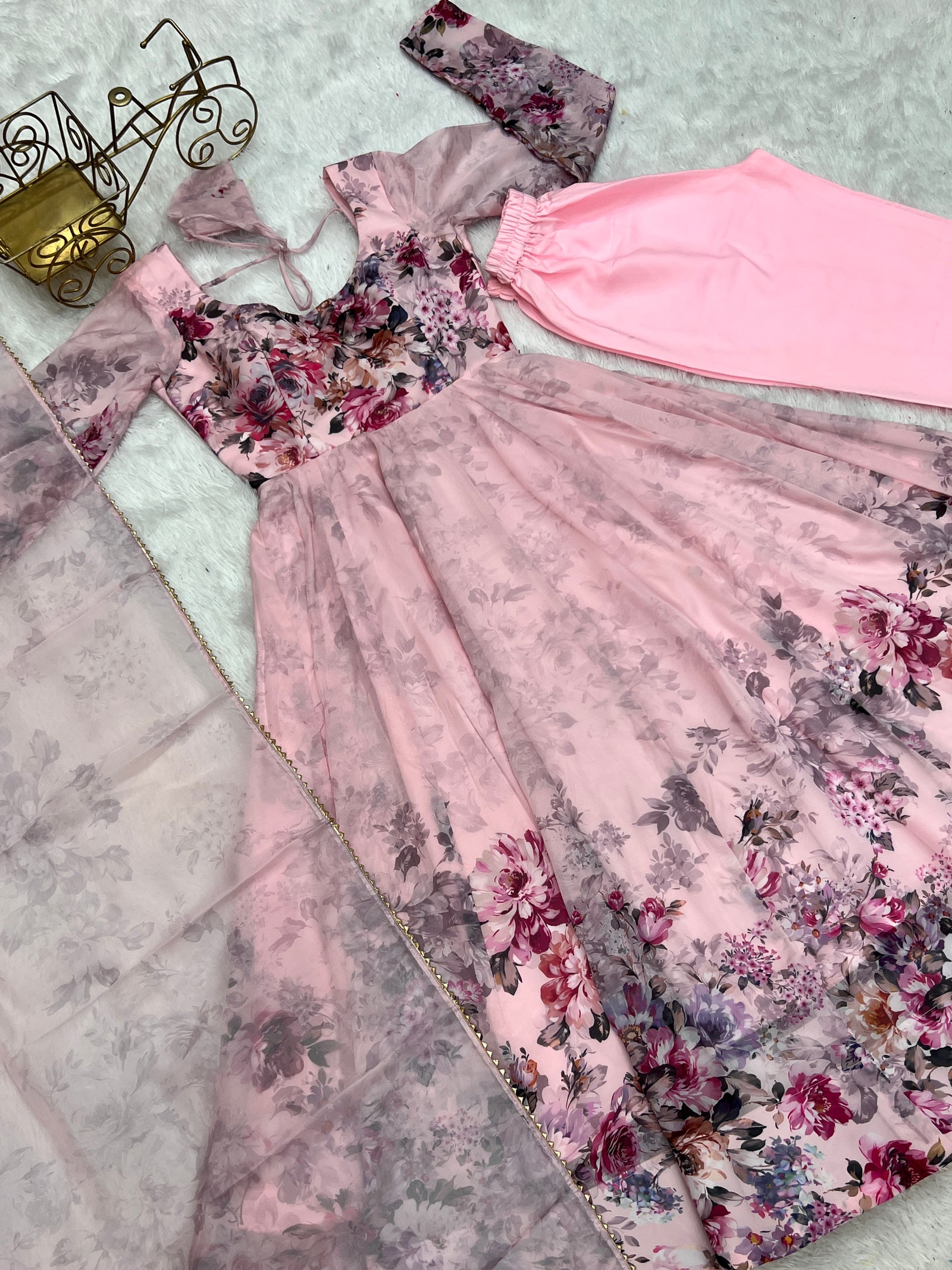Pink Elegant Pure Organza Silk Anarkali Set with Dupatta – Festive & Wedding Wear