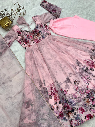 Pink Elegant Pure Organza Silk Anarkali Set with Dupatta – Festive & Wedding Wear