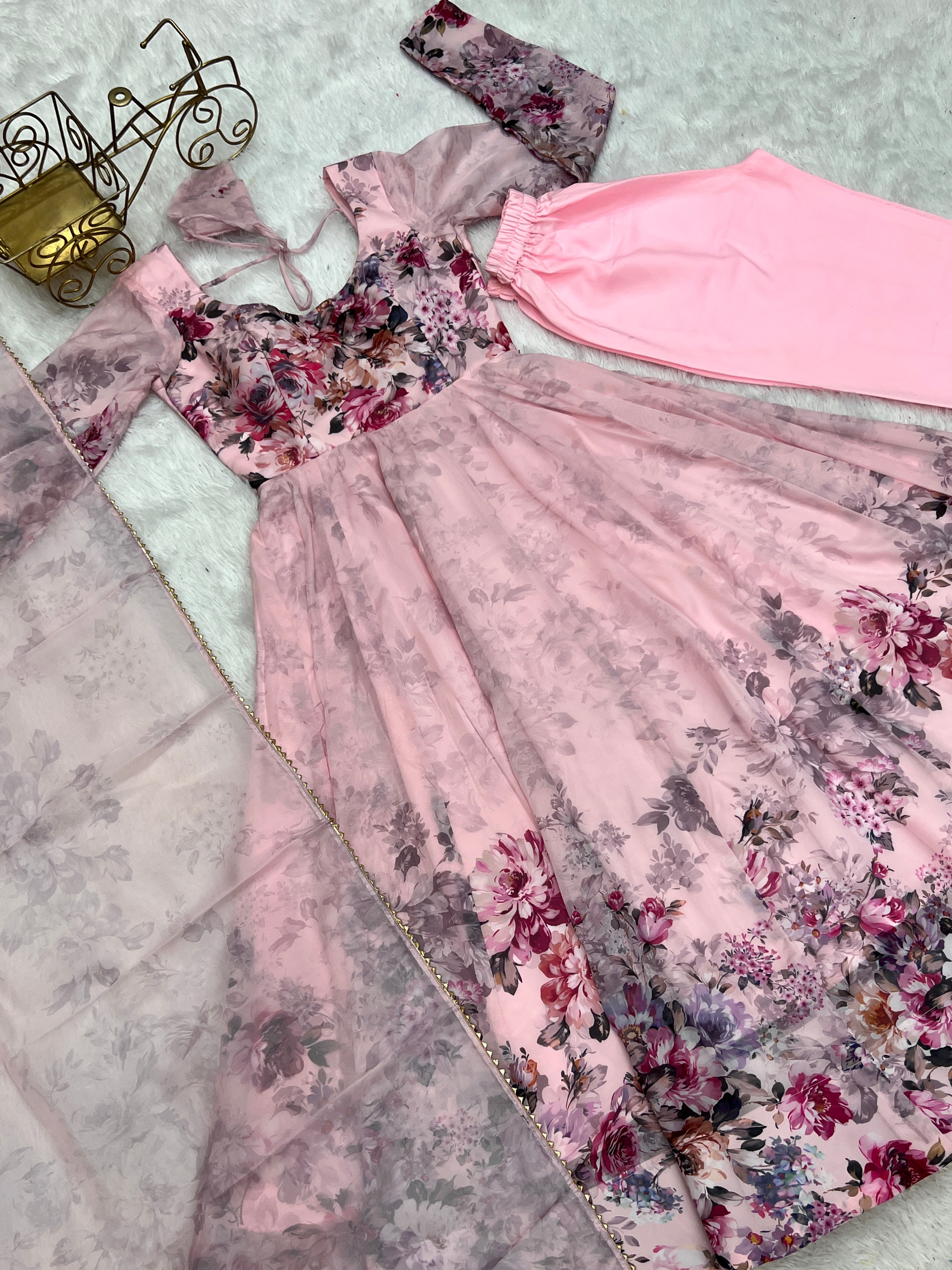 Pink Elegant Pure Organza Silk Anarkali Set with Dupatta – Festive & Wedding Wear