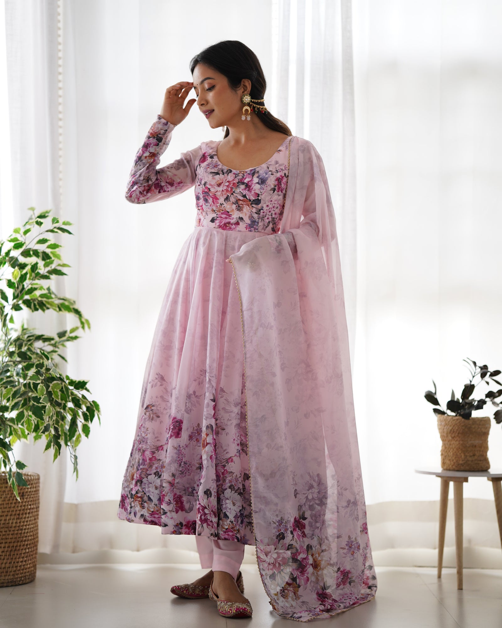 Pink Elegant Pure Organza Silk Anarkali Set with Dupatta – Festive & Wedding Wear
