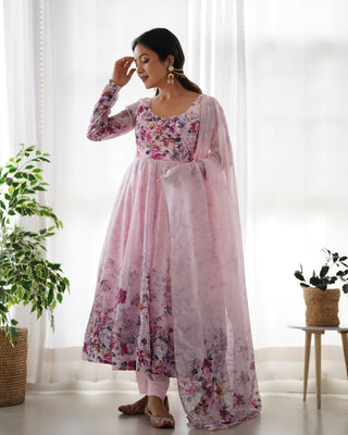 Pink Elegant Pure Organza Silk Anarkali Set with Dupatta – Festive & Wedding Wear