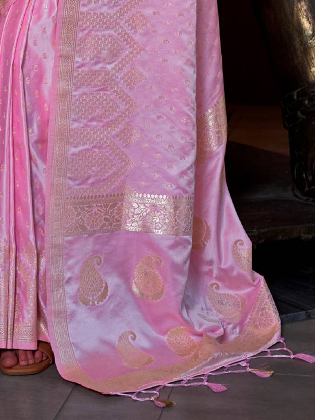 Pink Elegant Pure Satin Handloom Saree with Unstitched Blouse Piece Clothsvilla