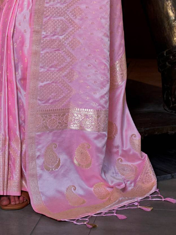 Pink Elegant Pure Satin Handloom Saree with Unstitched Blouse Piece Clothsvilla