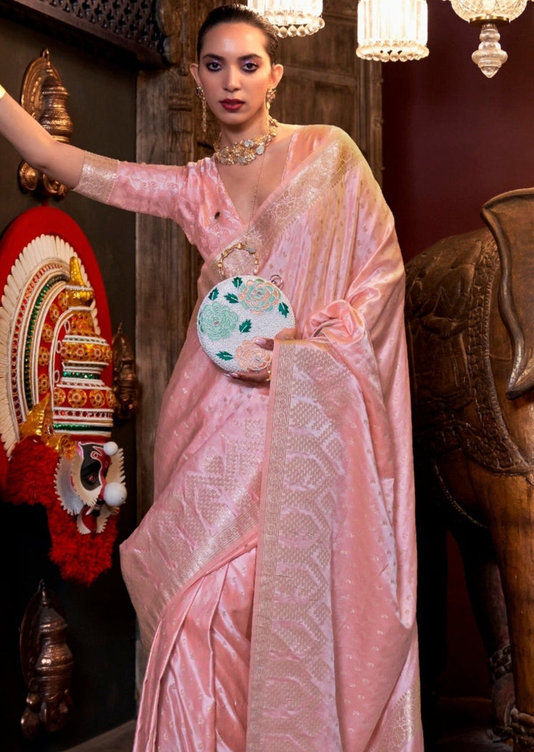 Pink Elegant Pure Satin Handloom Saree with Unstitched Blouse Piece Secondary image