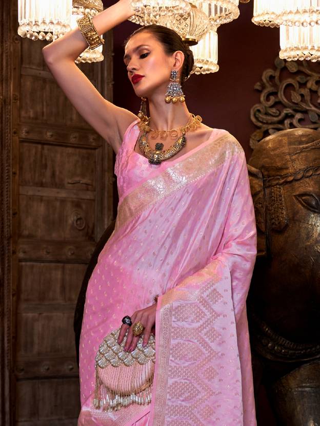 Pink Elegant Pure Satin Handloom Saree with Unstitched Blouse Piece Secondary image