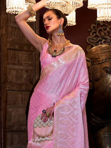Pink Elegant Pure Satin Handloom Saree with Unstitched Blouse Piece Clothsvilla