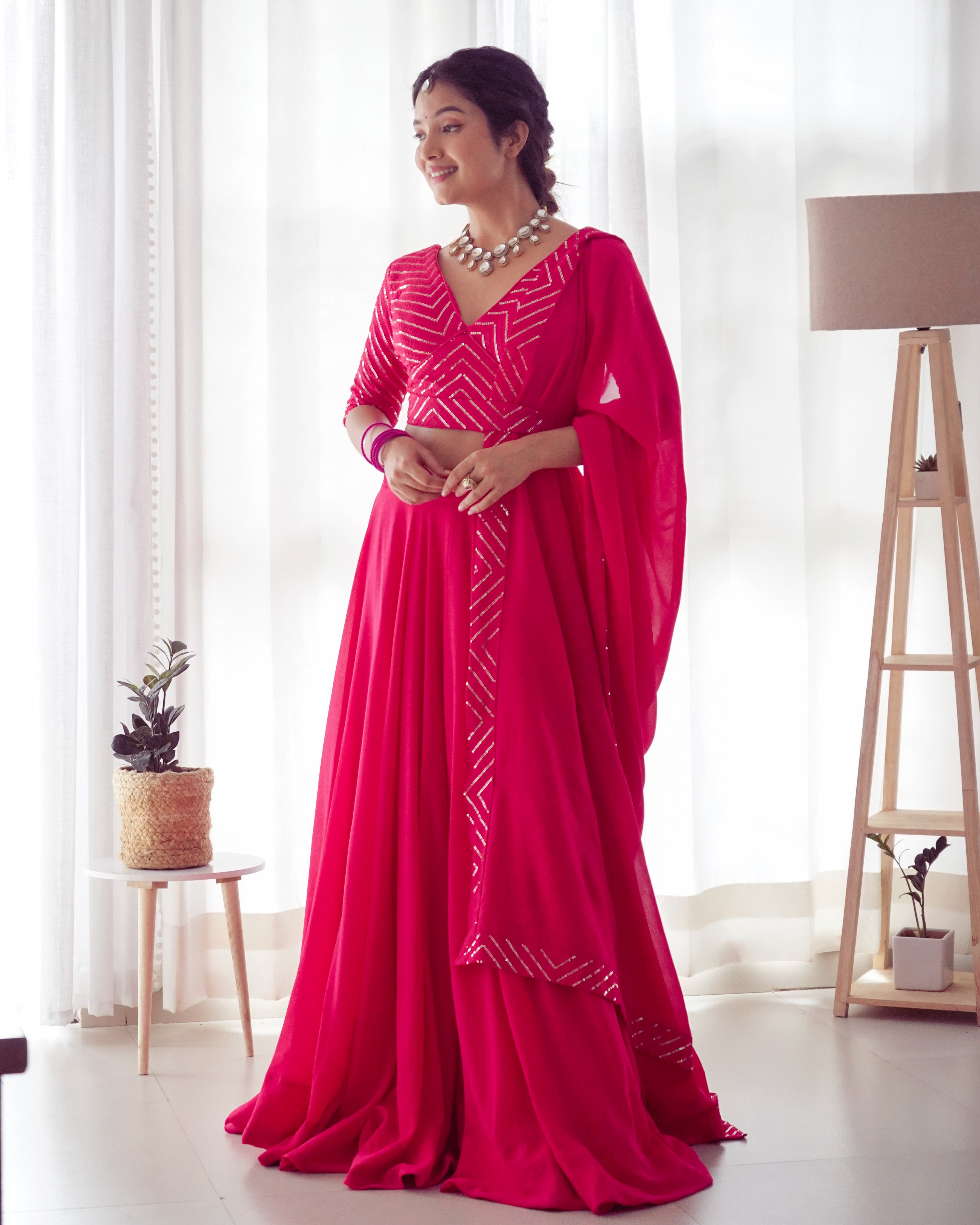 Pink Elegant Pure Soft Fox Georgette Lehenga Choli with Designer Blouse and Dupatta – Fully Stitched, Ready to Wear