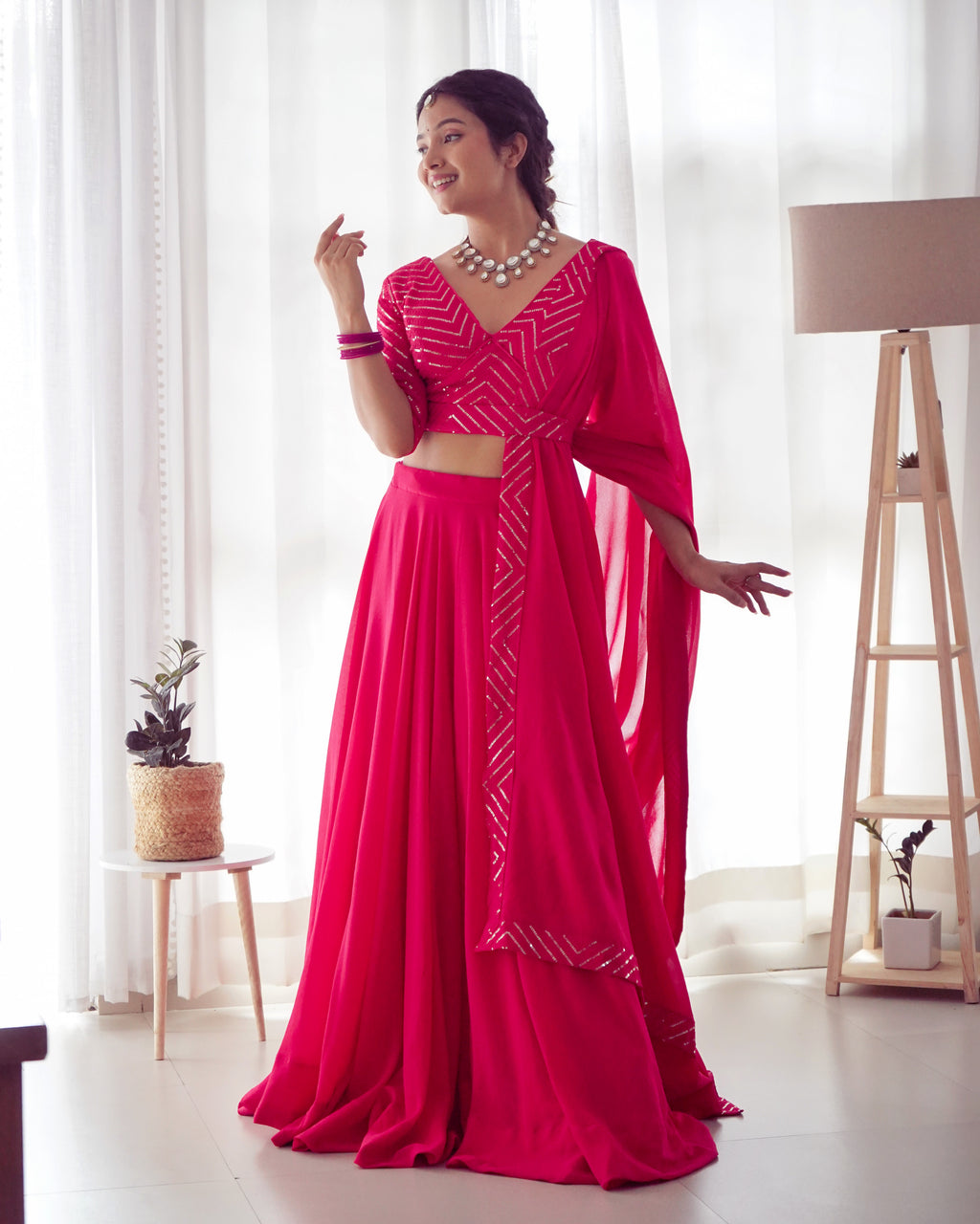 Pink Elegant Pure Soft Fox Georgette Lehenga Choli with Designer Blouse and Dupatta – Fully Stitched, Ready to Wear
