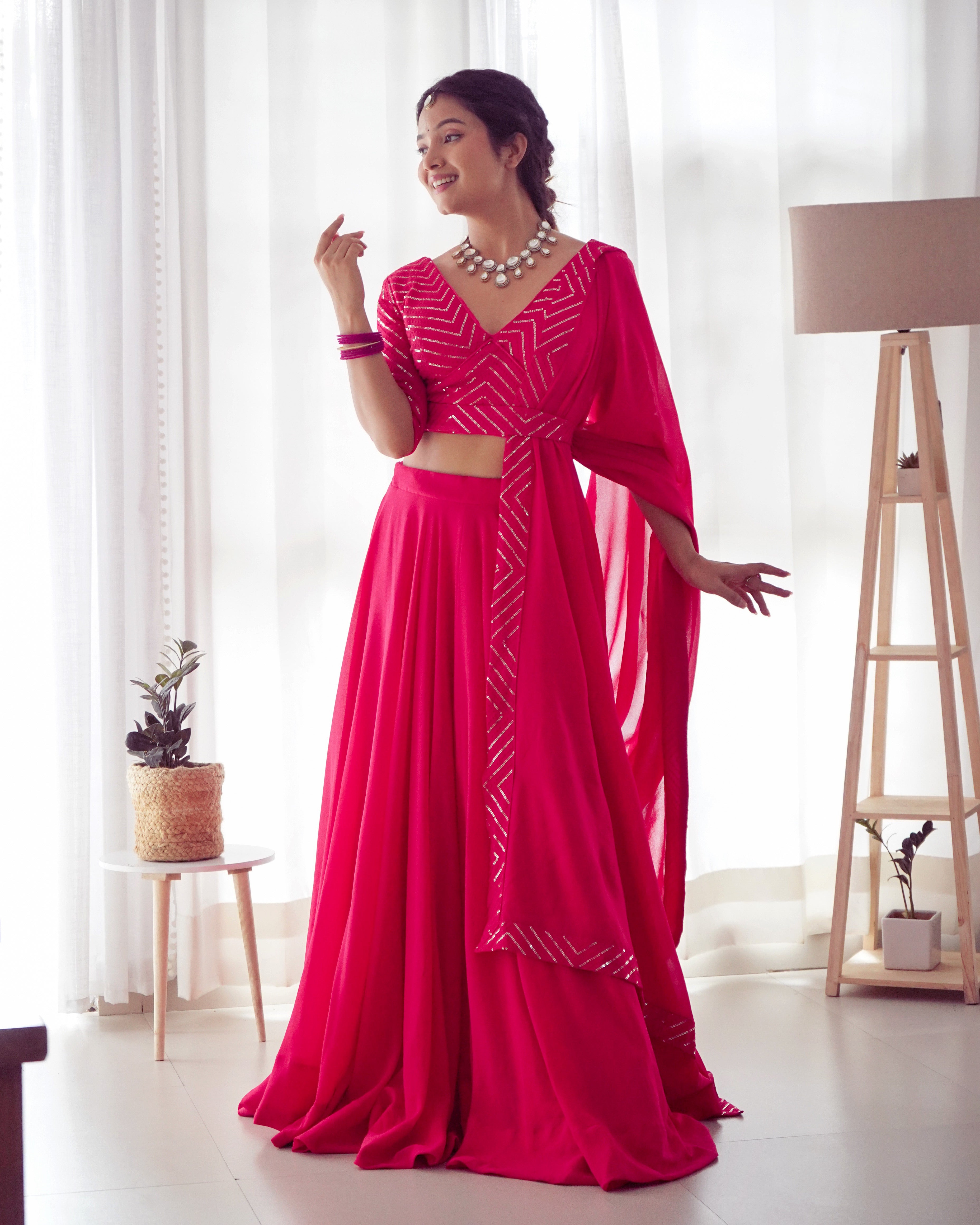 Pink Elegant Pure Soft Fox Georgette Lehenga Choli with Designer Blouse and Dupatta – Fully Stitched, Ready to Wear