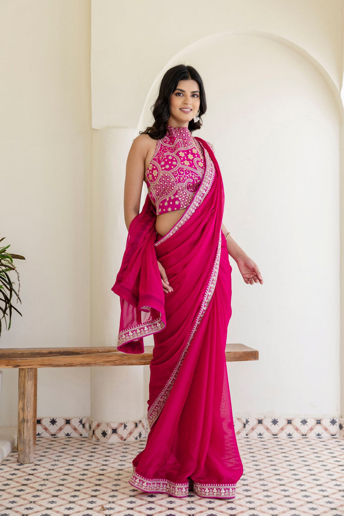 Pink Elegant Rangoli Silk Saree with Cording Embroidery & Double Sequins Work Clothsvilla