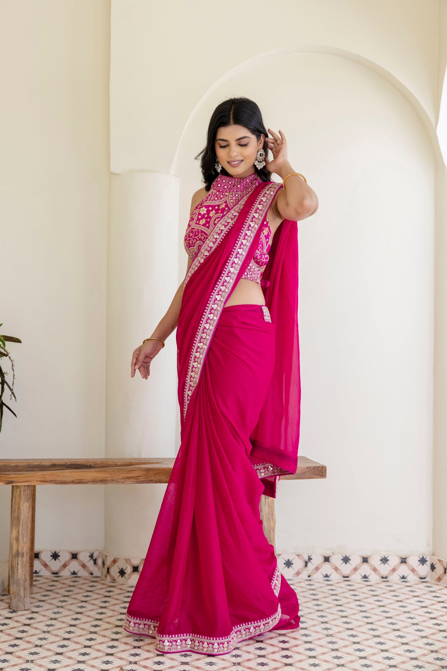 Pink Elegant Rangoli Silk Saree with Cording Embroidery & Double Sequins Work Clothsvilla