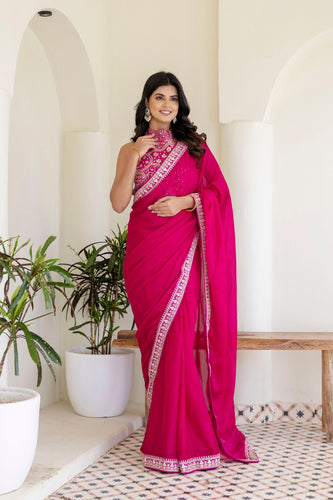 Pink Elegant Rangoli Silk Saree with Cording Embroidery & Double Sequins Work Clothsvilla