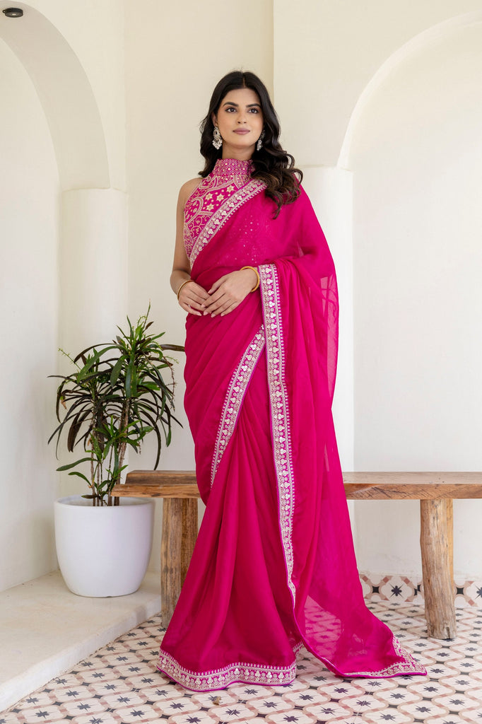 Pink Elegant Rangoli Silk Saree with Cording Embroidery & Double Sequins Work Clothsvilla