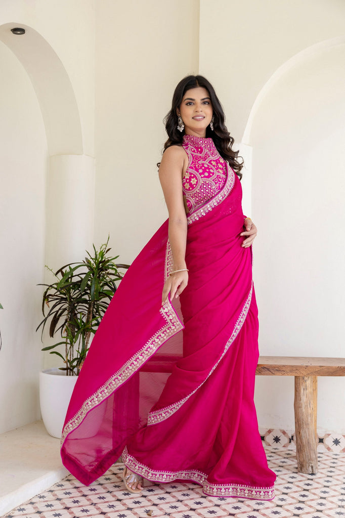 Pink Elegant Rangoli Silk Saree with Cording Embroidery & Double Sequins Work Clothsvilla