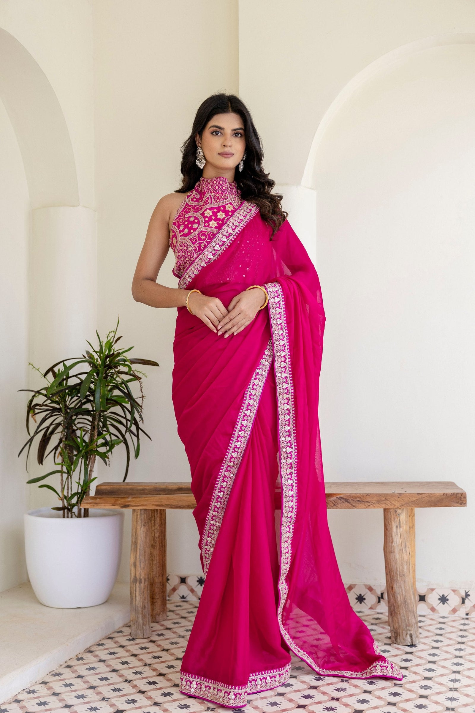 Pink Elegant Rangoli Silk Saree with Cording Embroidery & Double Sequins Work Clothsvilla