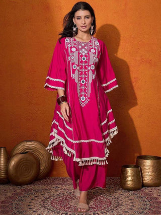 Pink Elegant Reyon Cotton Top & Plazo Set with Real Mirror Work and Fancy Lace Latkan ClothsVilla