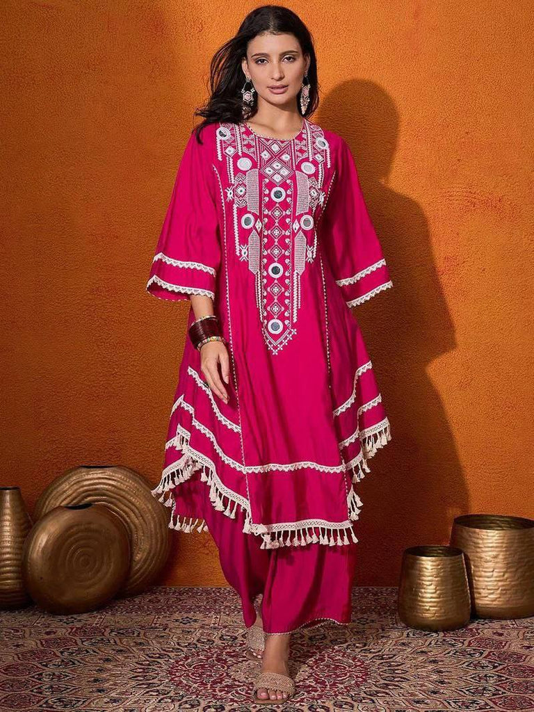 Pink Elegant Reyon Cotton Top & Plazo Set with Real Mirror Work and Fancy Lace Latkan ClothsVilla