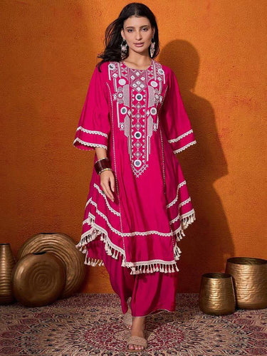 Pink Elegant Reyon Cotton Top & Plazo Set with Real Mirror Work and Fancy Lace Latkan ClothsVilla