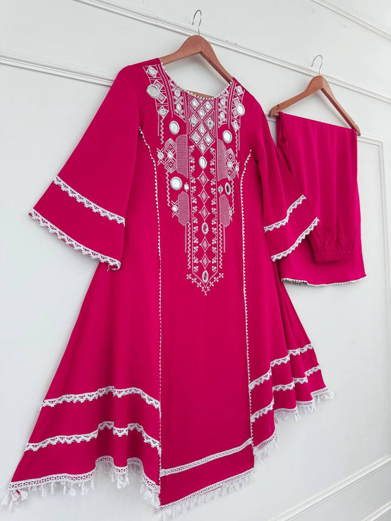 Pink Elegant Reyon Cotton Top & Plazo Set with Real Mirror Work and Fancy Lace Latkan ClothsVilla