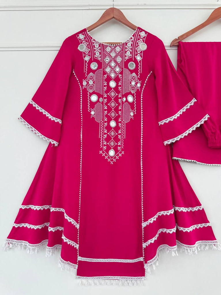 Pink Elegant Reyon Cotton Top & Plazo Set with Real Mirror Work and Fancy Lace Latkan ClothsVilla