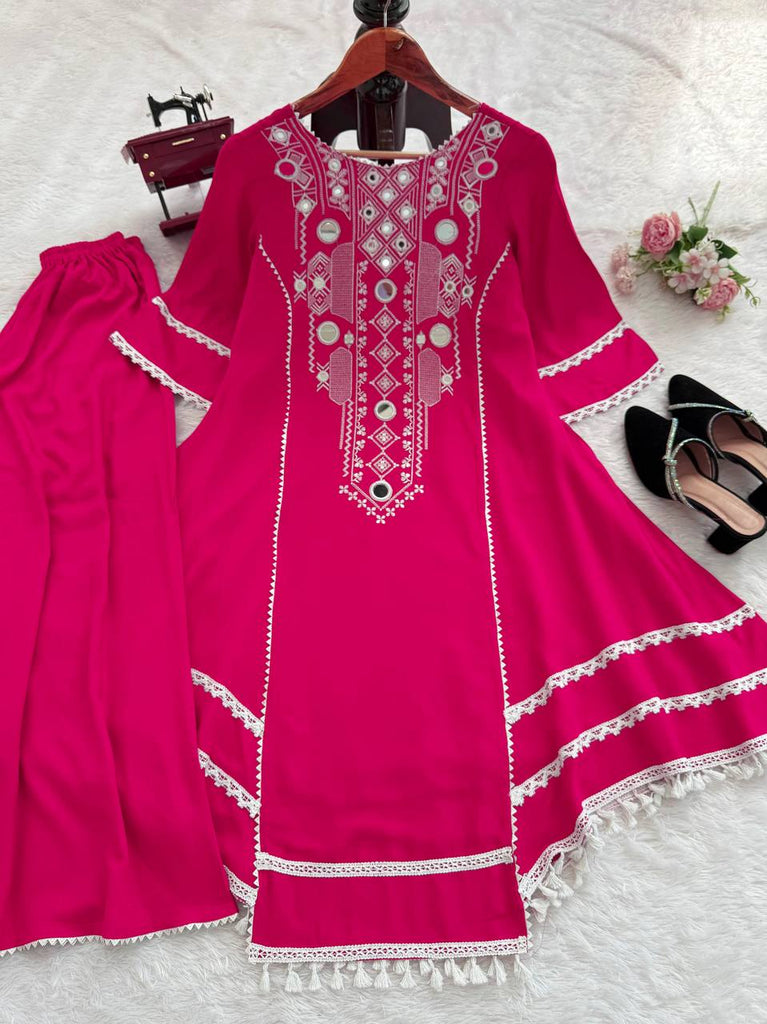 Pink Elegant Reyon Cotton Top & Plazo Set with Real Mirror Work and Fancy Lace Latkan ClothsVilla