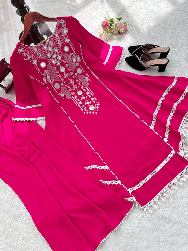 Pink Elegant Reyon Cotton Top & Plazo Set with Real Mirror Work and Fancy Lace Latkan ClothsVilla