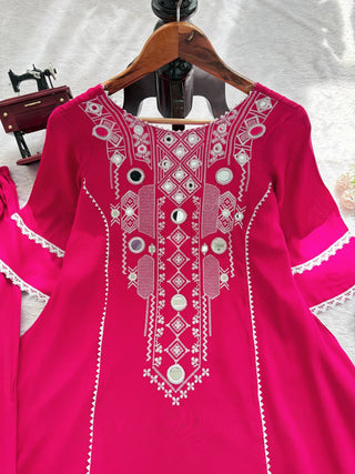 Pink Elegant Reyon Cotton Top & Plazo Set with Real Mirror Work and Fancy Lace Latkan ClothsVilla