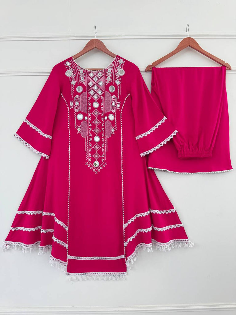 Pink Elegant Reyon Cotton Top & Plazo Set with Real Mirror Work and Fancy Lace Latkan ClothsVilla