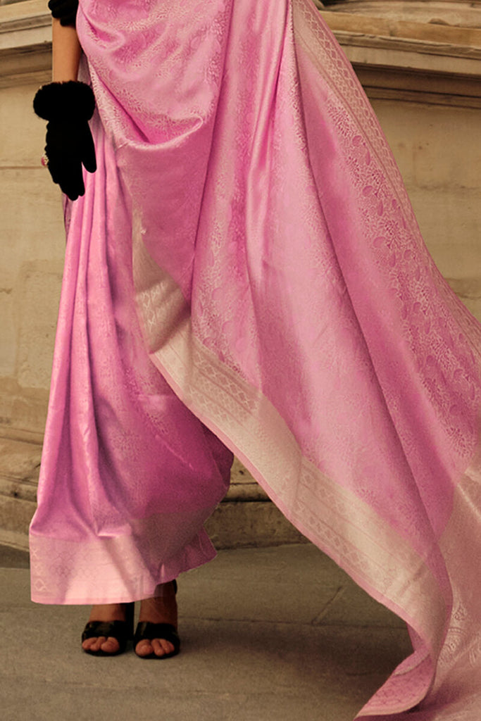 Pink Elegant Satin Silk Blend Saree with Matching Blended Silk Blouse Piece ClothsVilla