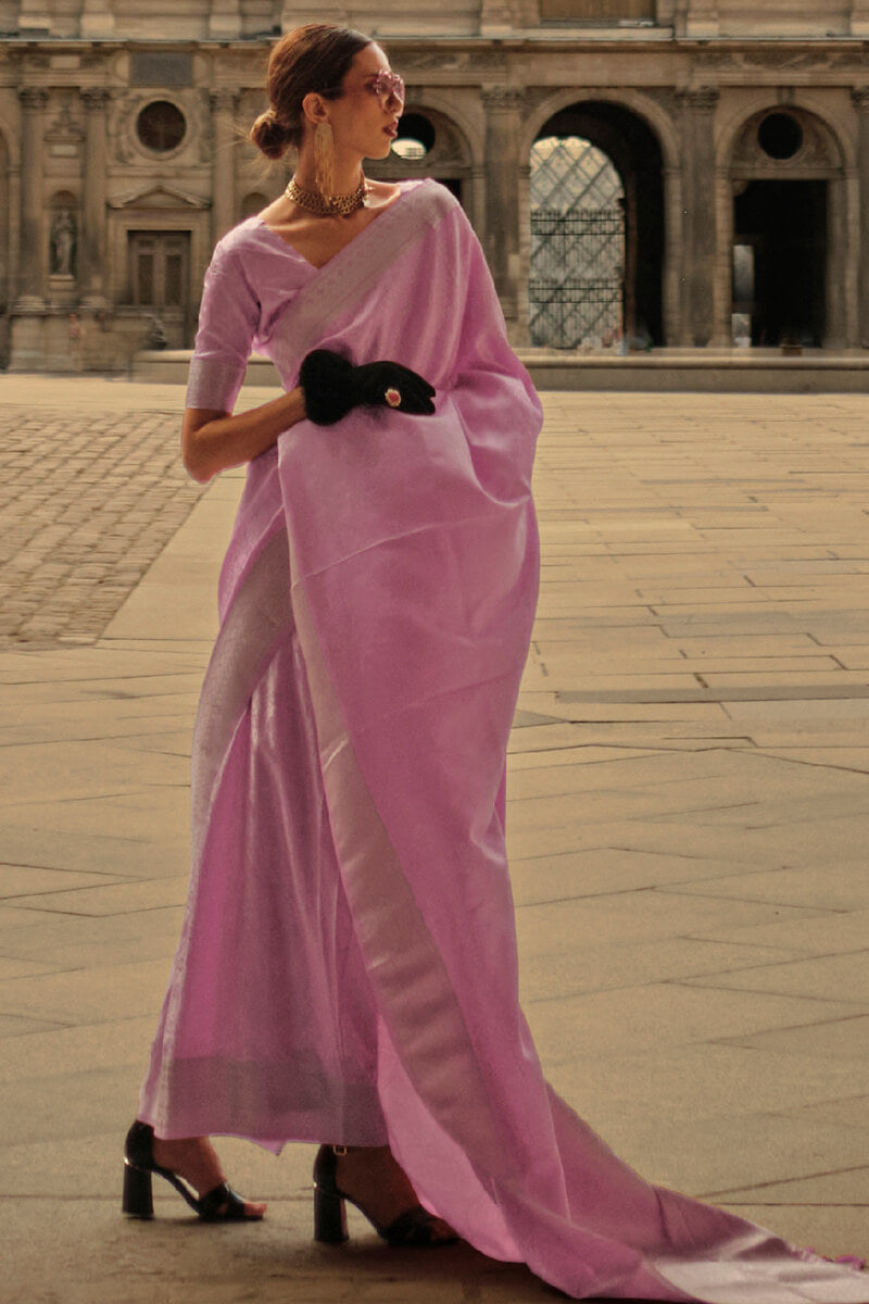 Pink Elegant Satin Silk Blend Saree with Matching Blended Silk Blouse Piece ClothsVilla